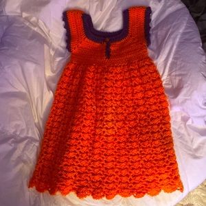 Orange and purple knit and crochet girls dress